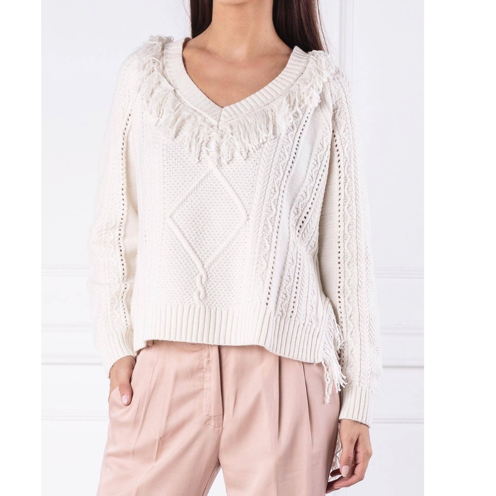 TWIN-SET MILANO KNITTED WOOL SWEATER WITH "V" NECKLINE FRINGE HEM CREAM- L